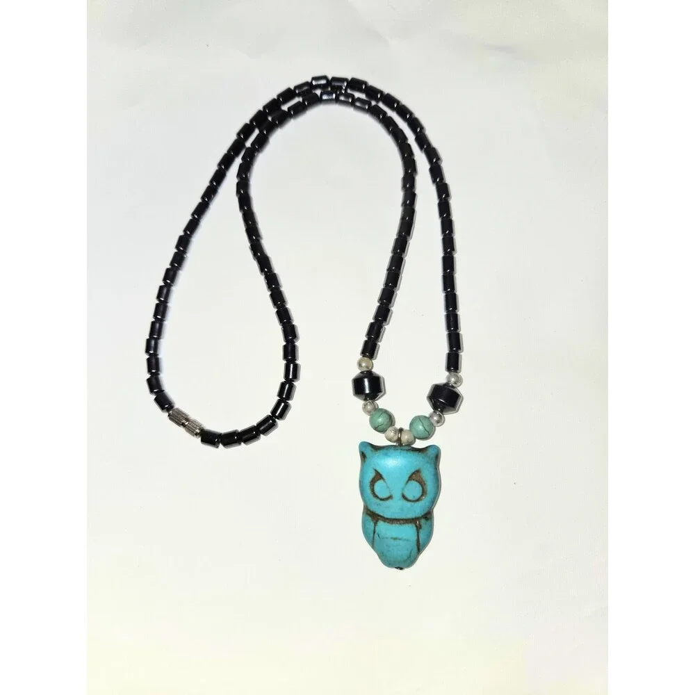 Owl Pendant Beaded Necklace & Matching Stretch Bracelet Set Black Turquoise Tone